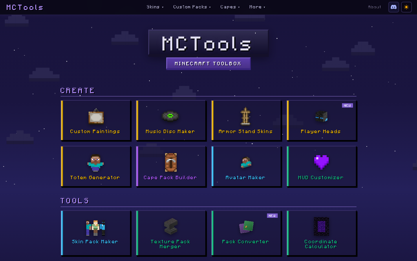 mc-tools.net homepage, the Minecraft toolbox tool grid